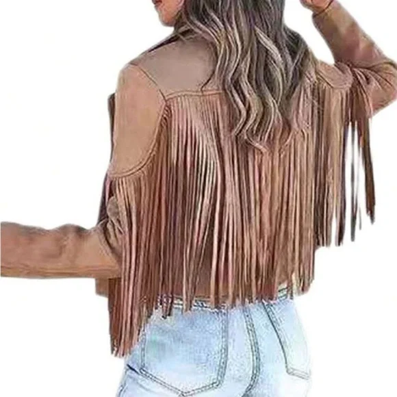 Fringe faux Suede Tan Jacket - Picture 3 of 6